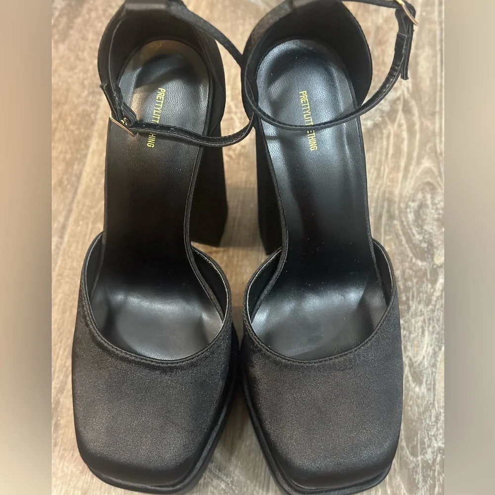 PrettyLittleThing Black Satin Square Toe Double Platform Heeled Sandals